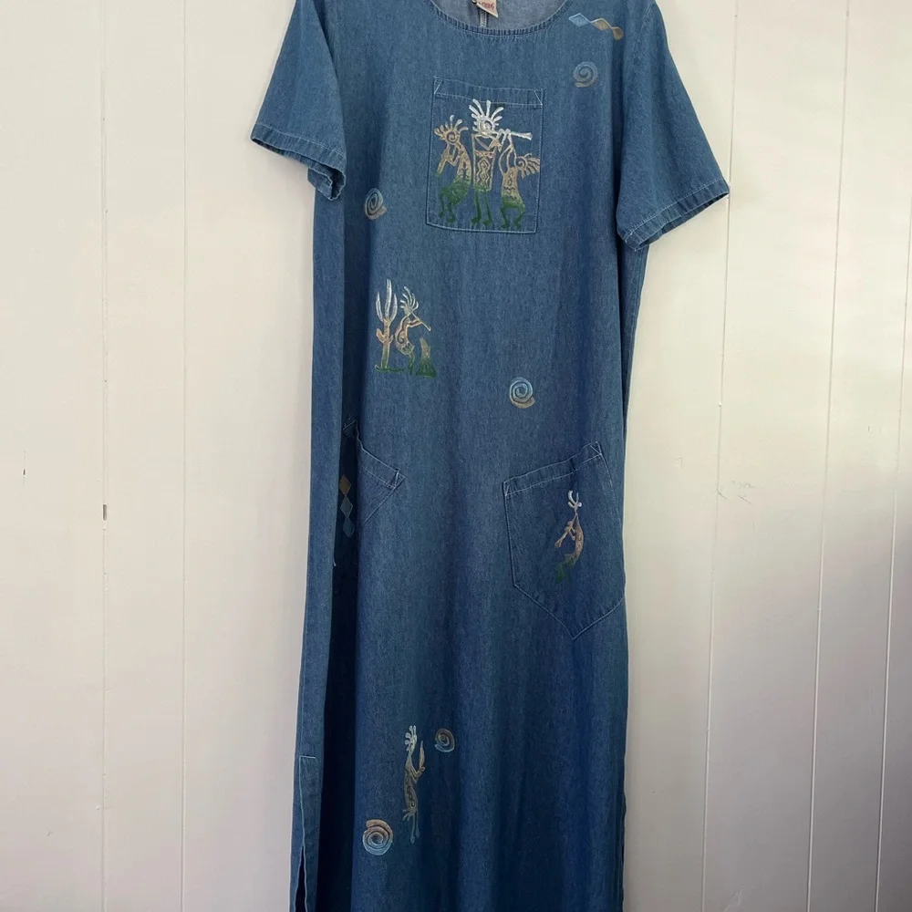 Cactus California Vintage Denim Dress Hand- Painted Kokopelli & Cactus Sz Large - Picture 3 of 16
